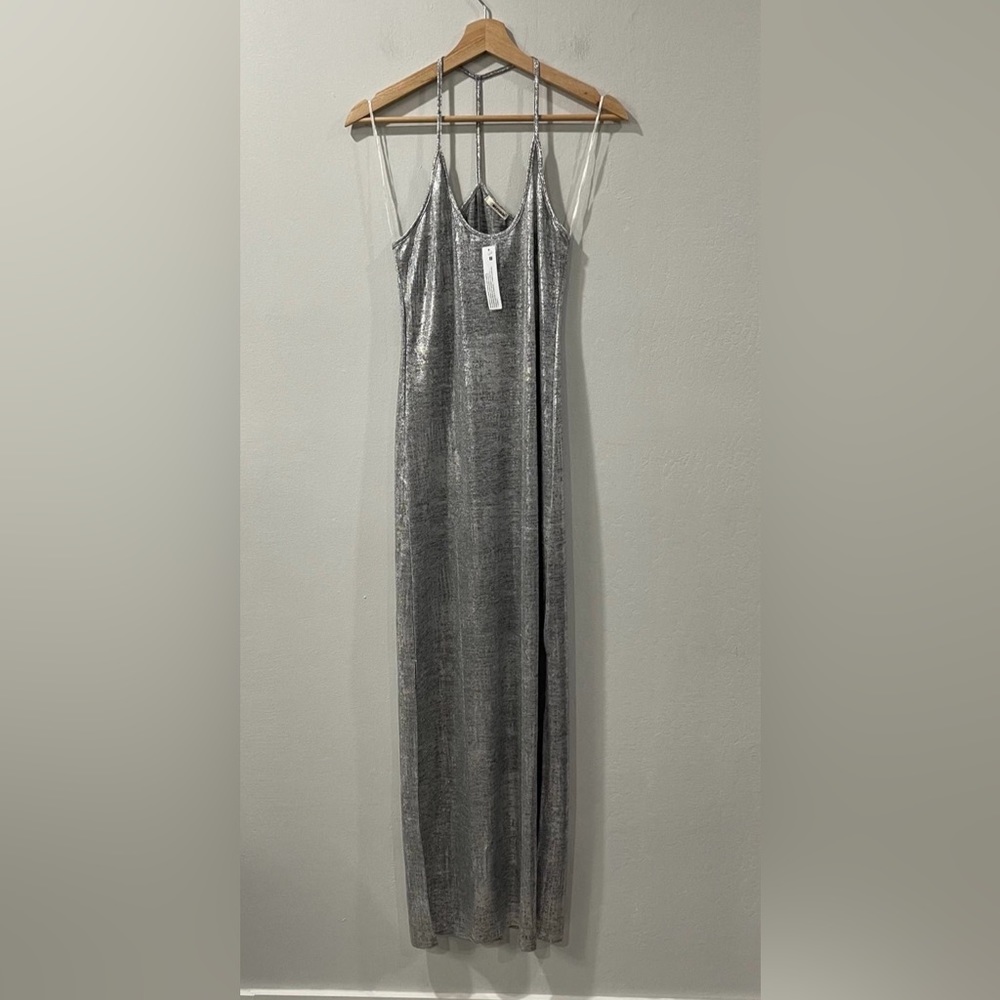 NWT LAmade Heathered Shiny Midi Dress Silver Gray Racerback Side Slits Size XS